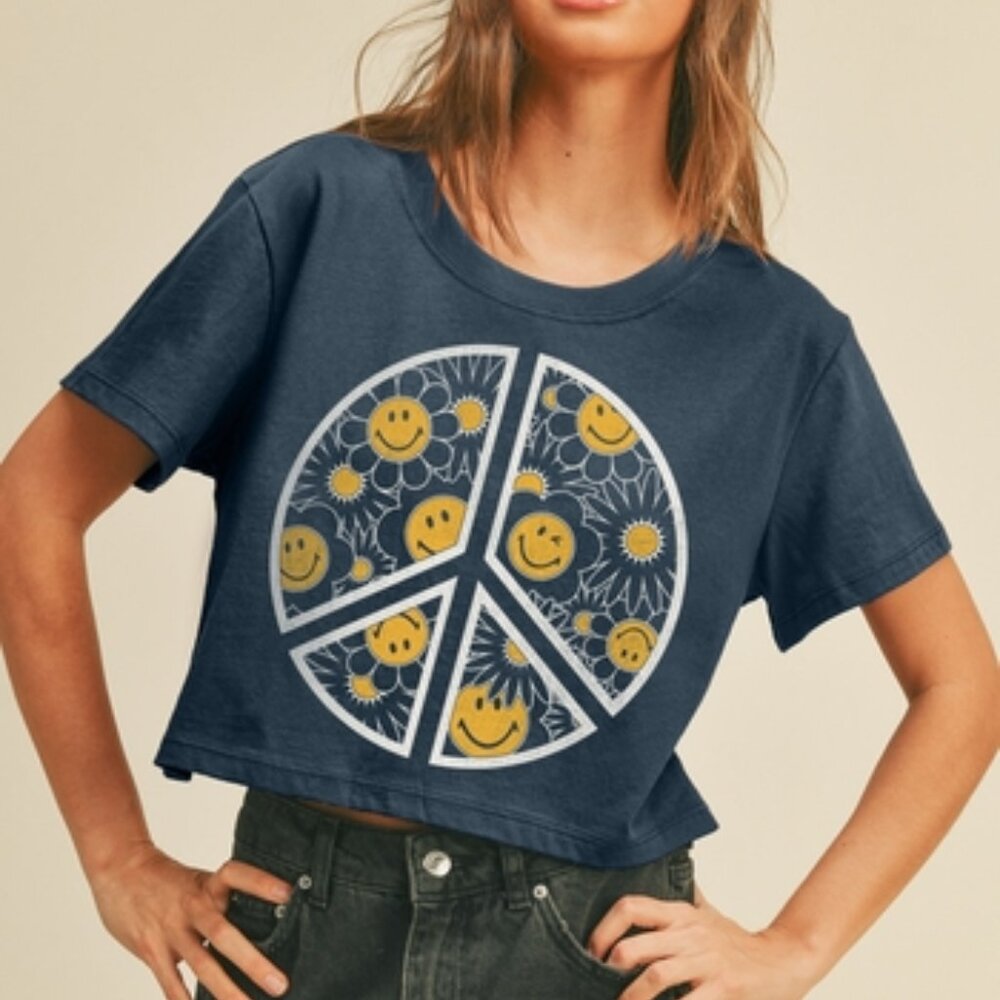 Smiley Face Flower Peace Sign Graphic Short Crop Tee - 100% Cotton